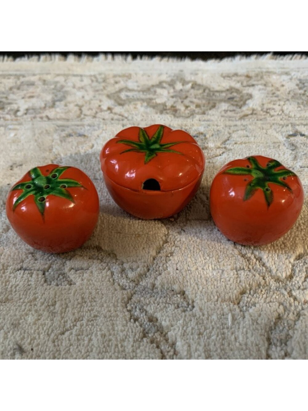 Vintage Tomato Salt Pepper Mustard Condiment Set Ceramic 3 Pc 1.4"